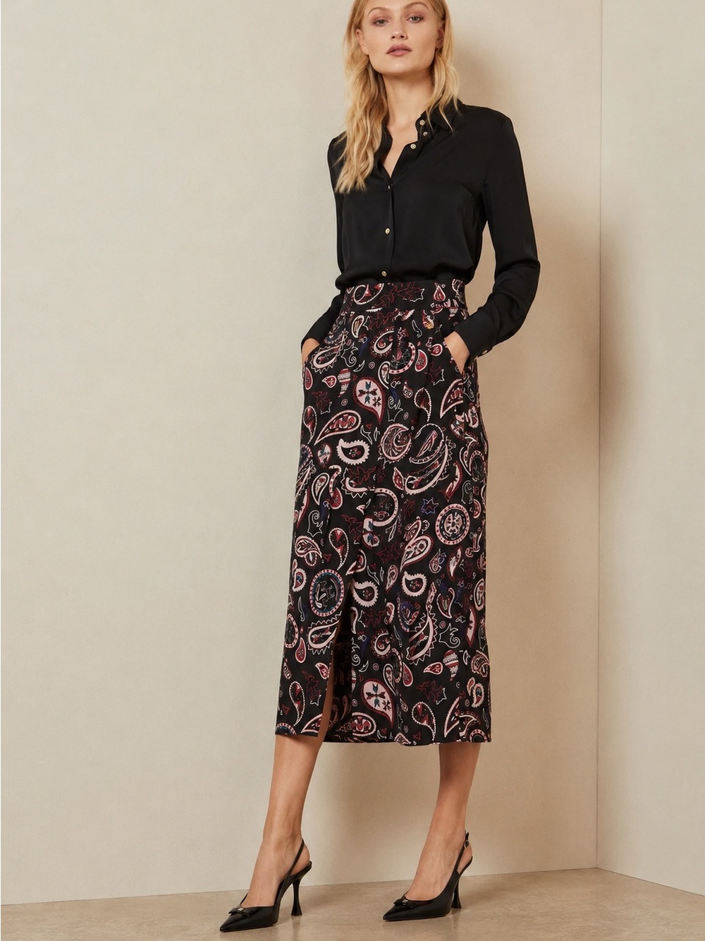 Ted Baker Black Paisley Midi Skirt with Pink and Cream Motifs